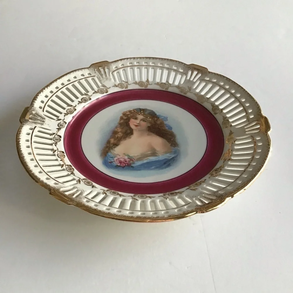 PAIR Portrait Plate Reticulated Maidens Paul's Gifts FRP & Co NY Germany Vintage